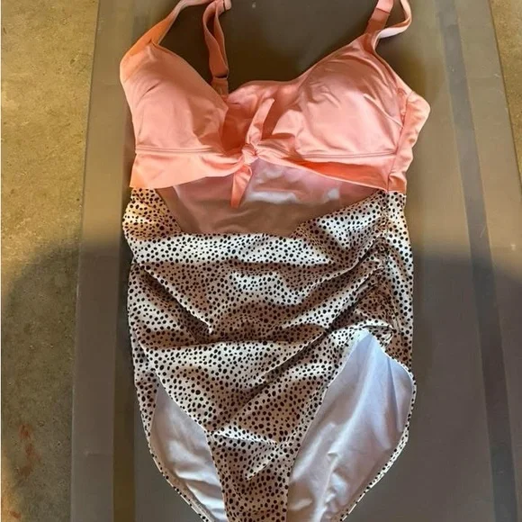 Coral and Polka Dot One-Piece Swimsuit - Picture 1 of 1